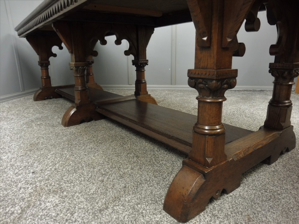 VERY LARGE CARVED OAK REFECTORY DINING TABLE View XII