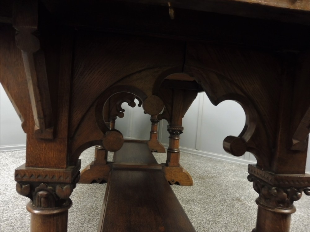 VERY LARGE CARVED OAK REFECTORY DINING TABLE View XIII