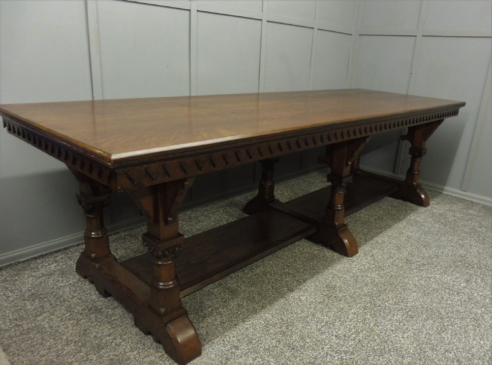 VERY LARGE CARVED OAK REFECTORY DINING TABLE View XV