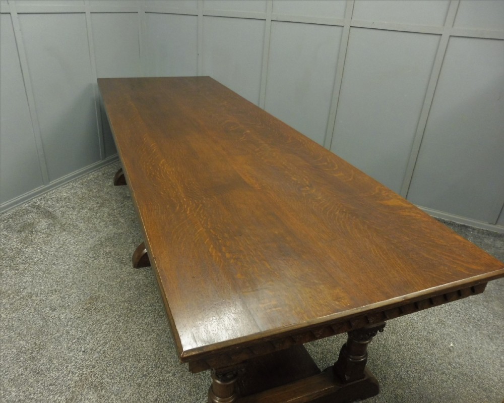 VERY LARGE CARVED OAK REFECTORY DINING TABLE View XVI