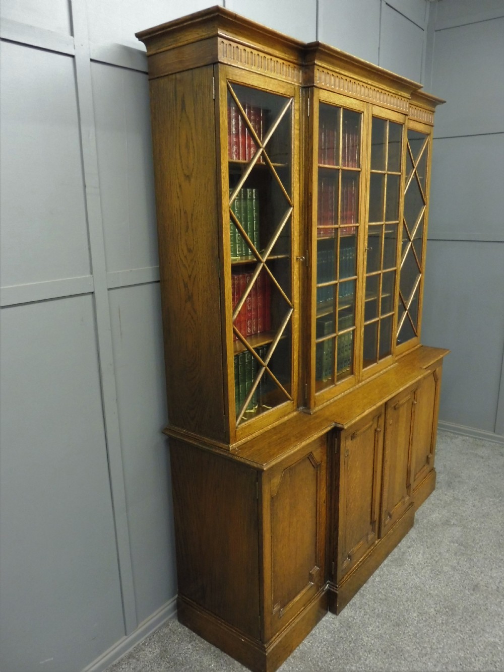 GOLDEN OAK BREAKFRONT BOOKCASE  View III