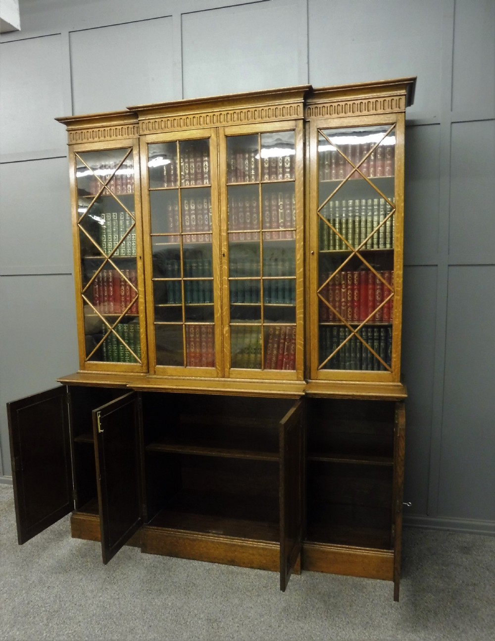 GOLDEN OAK BREAKFRONT BOOKCASE  View IX