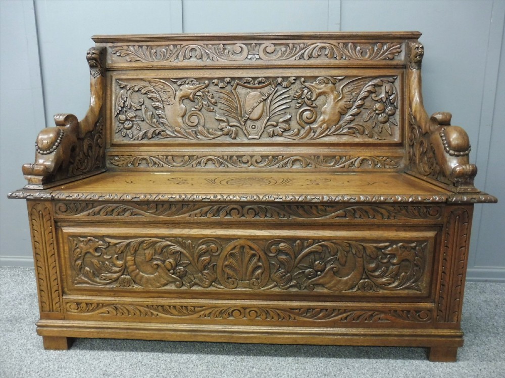 19TH CENTURY CARVED OAK BENCH View II