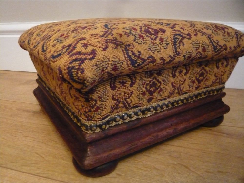Victorian Mahogany Shaped Footstool Tapestry Upholstery c1880 View III