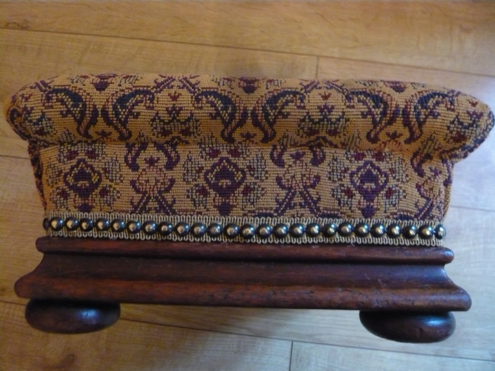 Victorian Mahogany Shaped Footstool Tapestry Upholstery c1880 View VIII