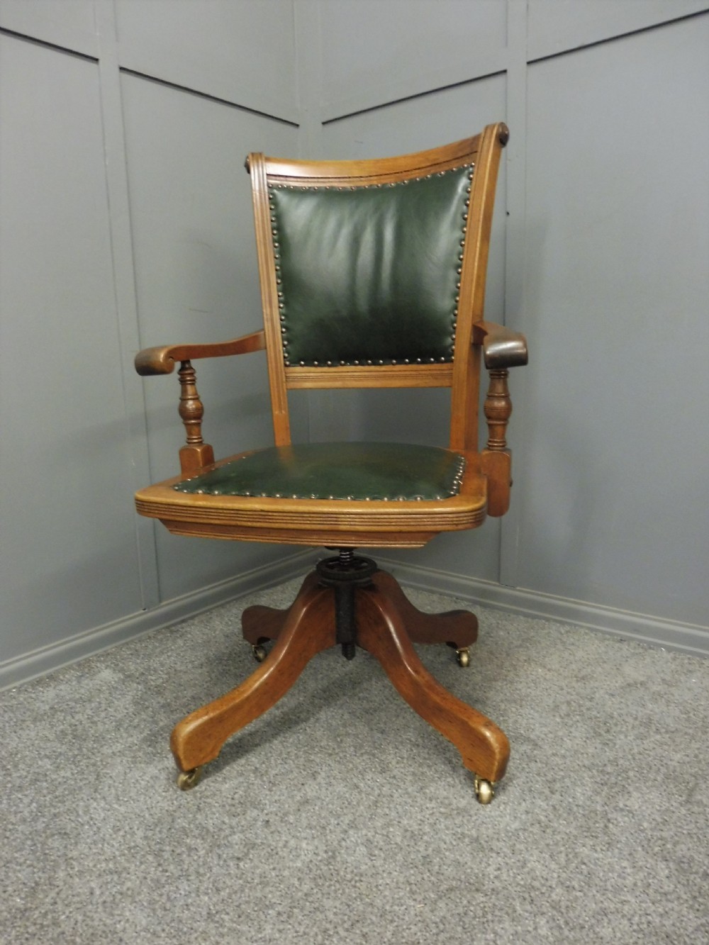 MAHOGANY AND LEATHER ANTIQUE OFFICE SWIVEL CHAIR View II