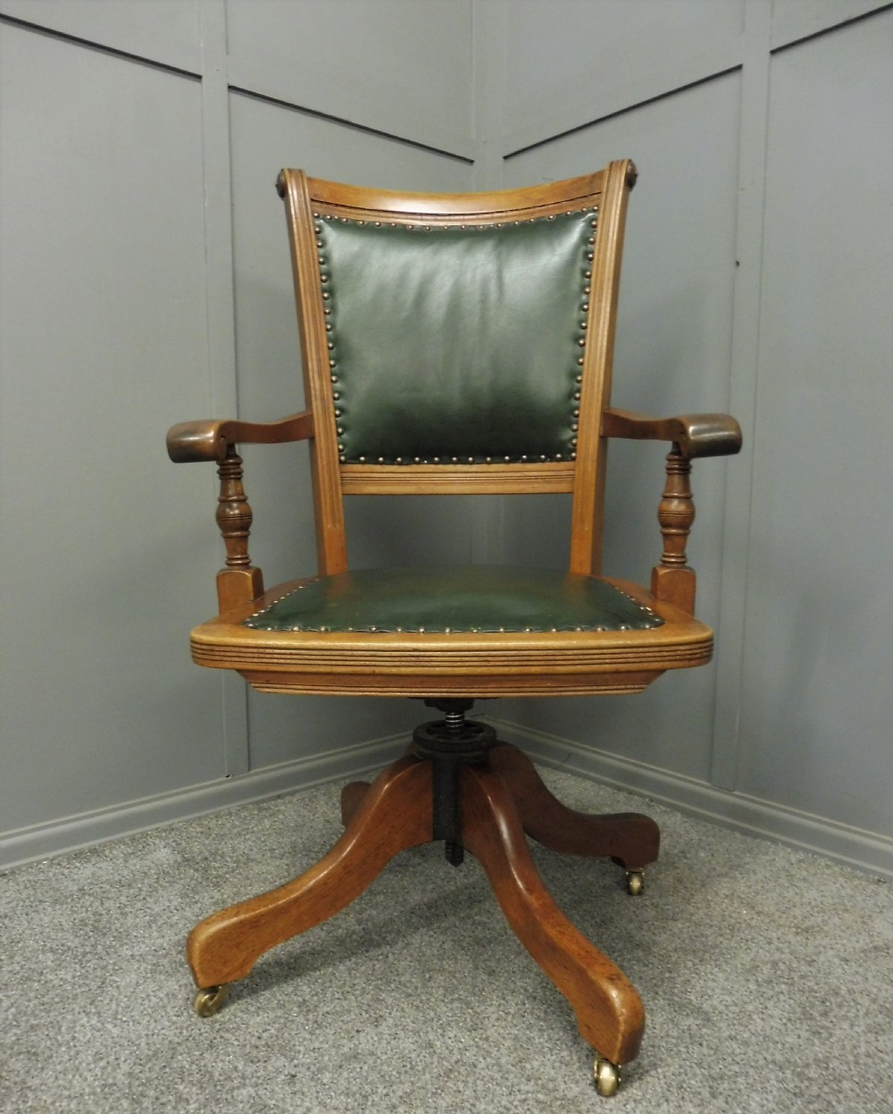 MAHOGANY AND LEATHER ANTIQUE OFFICE SWIVEL CHAIR View III