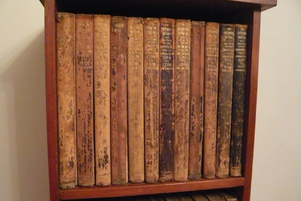 Edwardian Pitch Pine Bookcase & Encyclopaedia Britannica  View IV