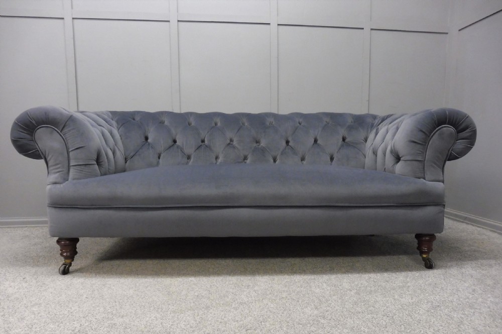 VICTORIAN CHESTERFIELD SOFA NEWLY  UPHOLSTERED IN SLATE GREY VELVET