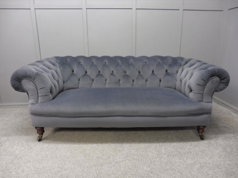 VICTORIAN CHESTERFIELD SOFA NEWLY  UPHOLSTERED IN SLATE GREY VELVET View II