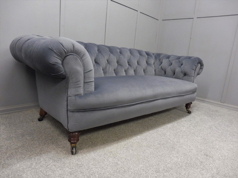 VICTORIAN CHESTERFIELD SOFA NEWLY  UPHOLSTERED IN SLATE GREY VELVET View III