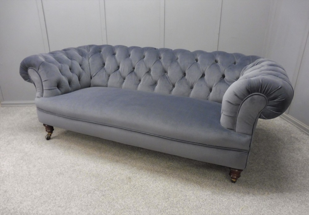 VICTORIAN CHESTERFIELD SOFA NEWLY  UPHOLSTERED IN SLATE GREY VELVET View IV