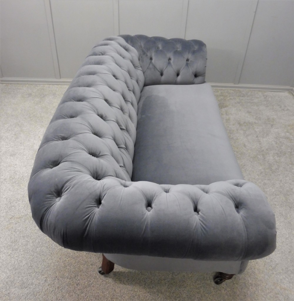 VICTORIAN CHESTERFIELD SOFA NEWLY  UPHOLSTERED IN SLATE GREY VELVET View X