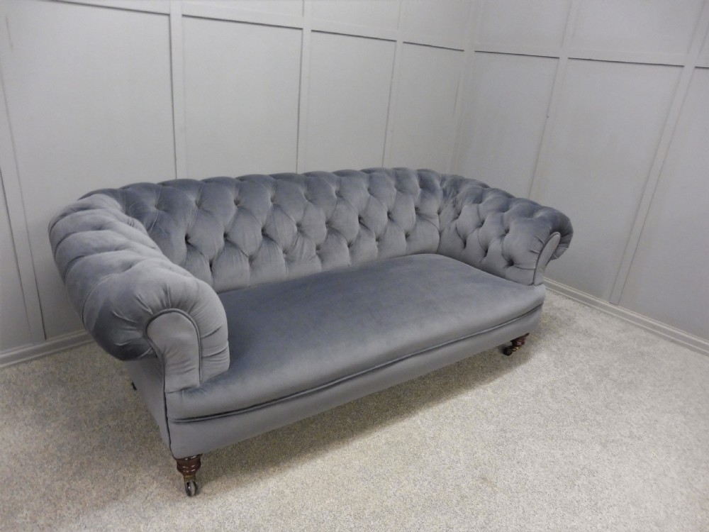 VICTORIAN CHESTERFIELD SOFA NEWLY  UPHOLSTERED IN SLATE GREY VELVET View XI