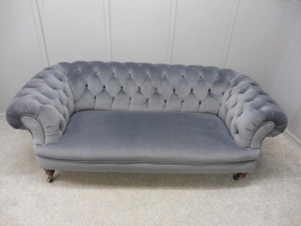VICTORIAN CHESTERFIELD SOFA NEWLY  UPHOLSTERED IN SLATE GREY VELVET View XII