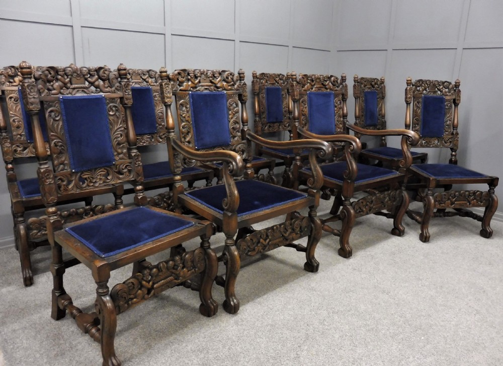 SET OF TEN CARVED WALNUT CHERUB DINING CHAIRS View II