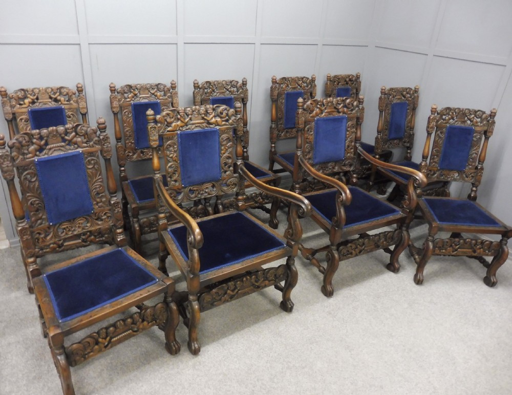 SET OF TEN CARVED WALNUT CHERUB DINING CHAIRS View III