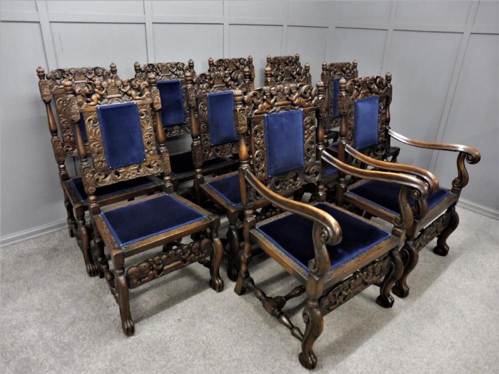 SET OF TEN CARVED WALNUT CHERUB DINING CHAIRS View IV