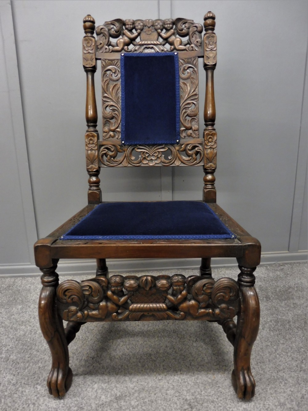 SET OF TEN CARVED WALNUT CHERUB DINING CHAIRS View IX