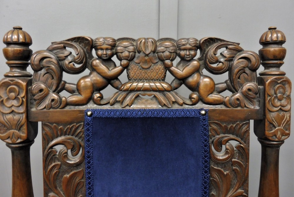 SET OF TEN CARVED WALNUT CHERUB DINING CHAIRS View XI