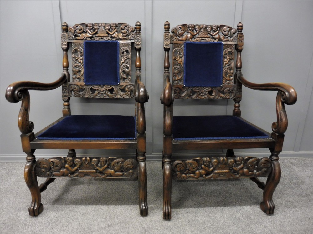 SET OF TEN CARVED WALNUT CHERUB DINING CHAIRS View XVIII