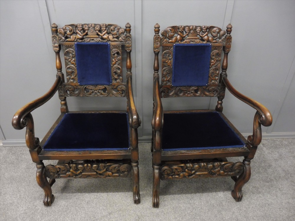 SET OF TEN CARVED WALNUT CHERUB DINING CHAIRS View XIX