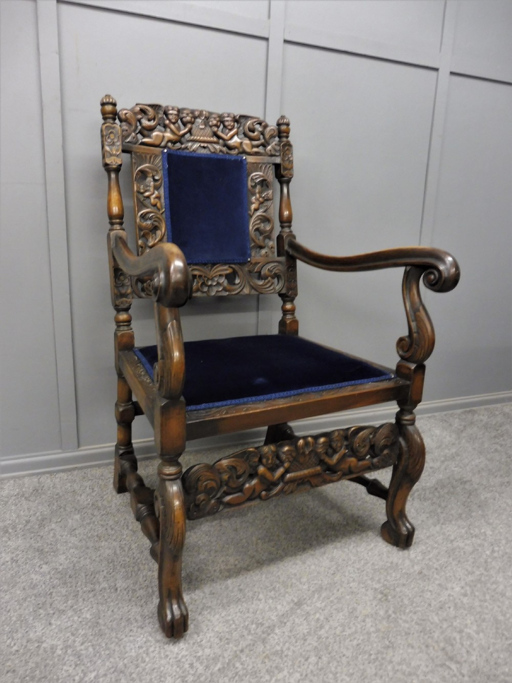 SET OF TEN CARVED WALNUT CHERUB DINING CHAIRS View XXII