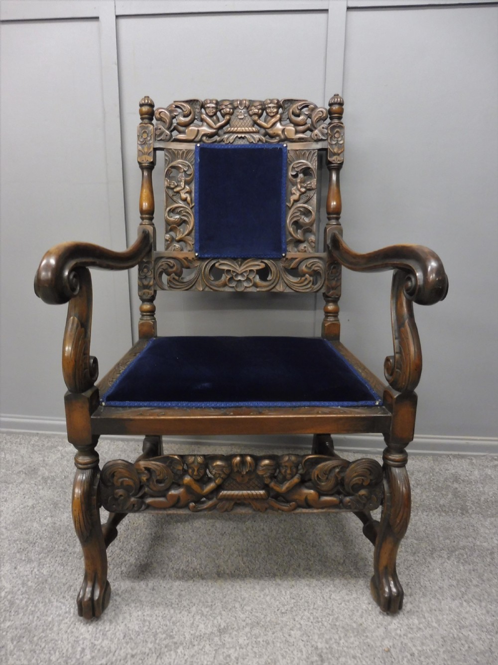 SET OF TEN CARVED WALNUT CHERUB DINING CHAIRS View XXIII