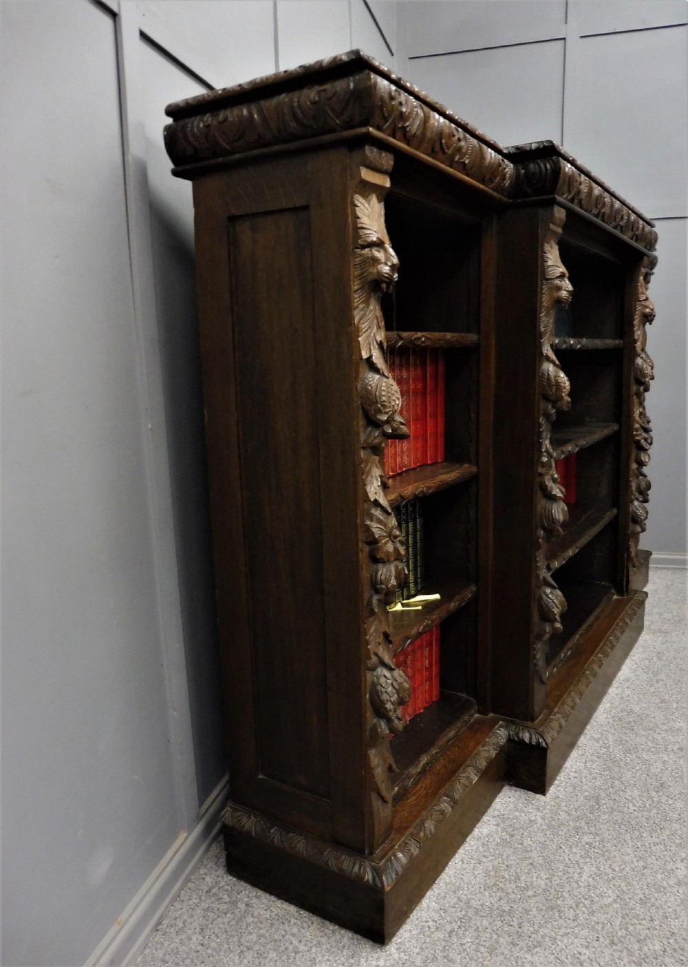 VICTORIAN CARVED OAK GREEN MAN BOOKCASE View III