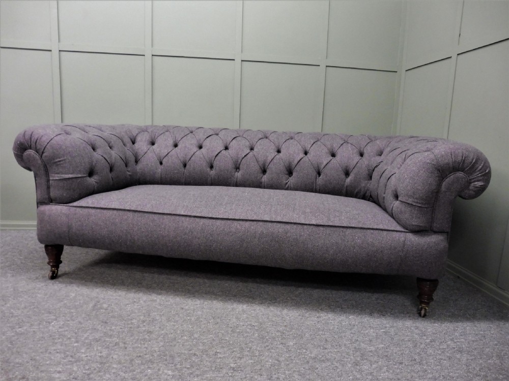 VICTORIAN CHESTERFIELD  SOFA RECOVERED IN ABRAHAM MOON GREY WOOL FABRIC