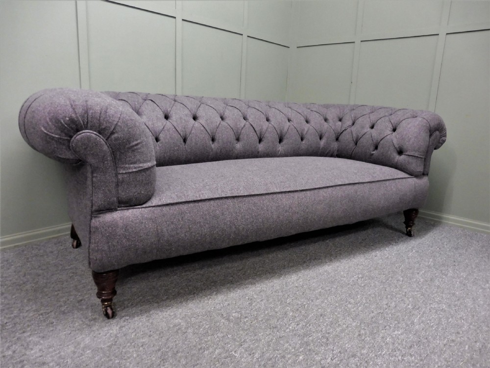 VICTORIAN CHESTERFIELD  SOFA RECOVERED IN ABRAHAM MOON GREY WOOL FABRIC View II