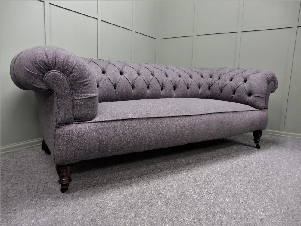 VICTORIAN CHESTERFIELD  SOFA RECOVERED IN ABRAHAM MOON GREY WOOL FABRIC View V