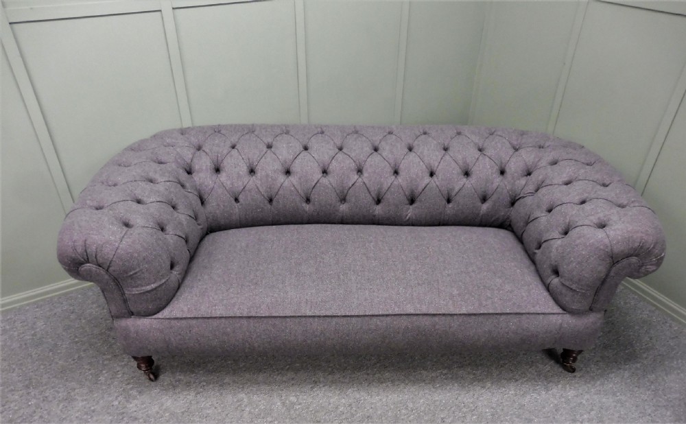 VICTORIAN CHESTERFIELD  SOFA RECOVERED IN ABRAHAM MOON GREY WOOL FABRIC View VII