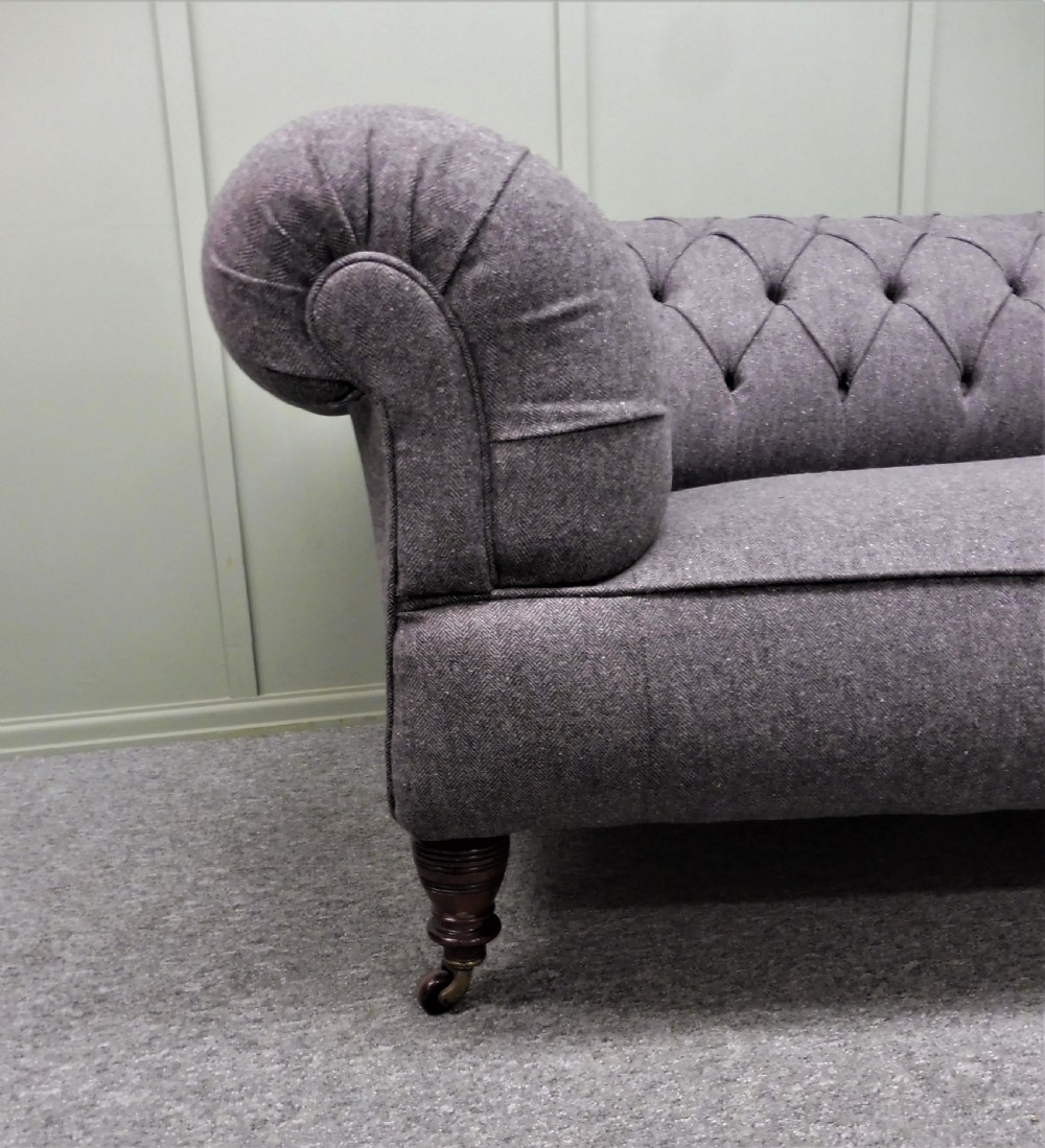 VICTORIAN CHESTERFIELD  SOFA RECOVERED IN ABRAHAM MOON GREY WOOL FABRIC View XIV