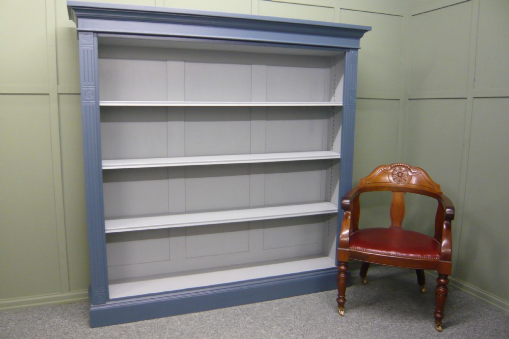 Large Victorian Painted Oak Open Bookcase French Blue Grey c1890 View II