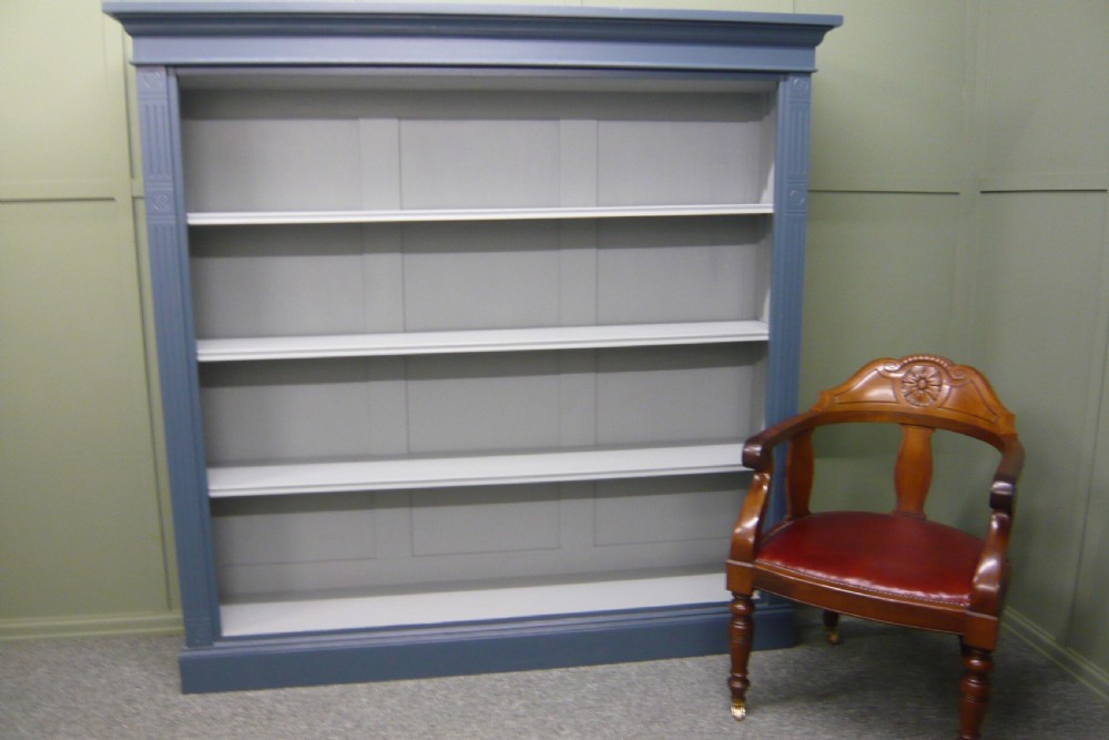 Large Victorian Painted Oak Open Bookcase French Blue Grey c1890 View III