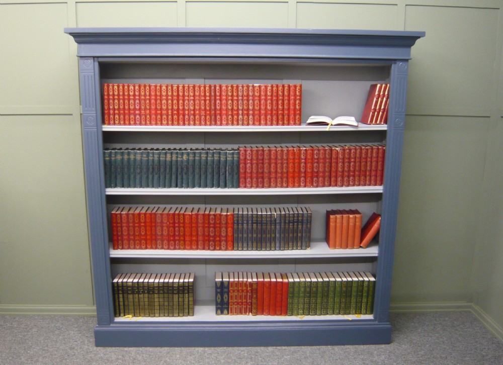 Large Victorian Painted Oak Open Bookcase French Blue Grey c1890 View IV