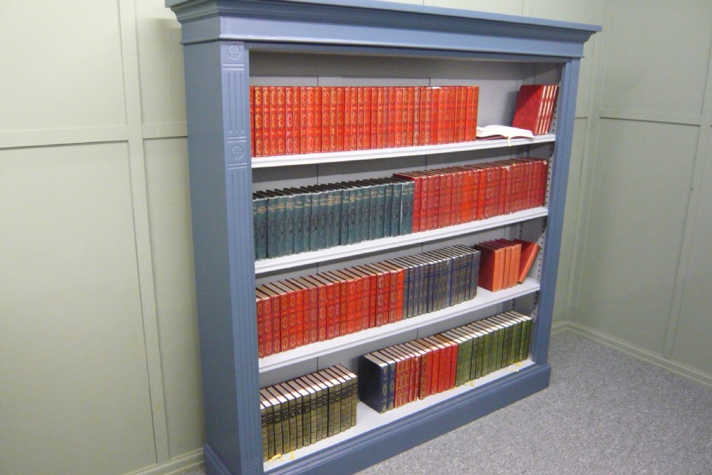 Large Victorian Painted Oak Open Bookcase French Blue Grey c1890 View V