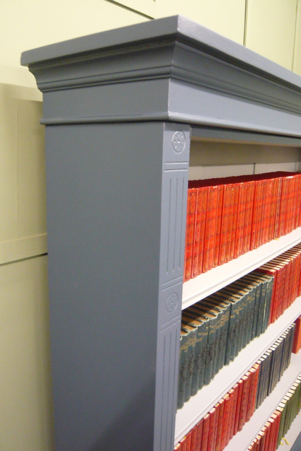 Large Victorian Painted Oak Open Bookcase French Blue Grey c1890 View VIII