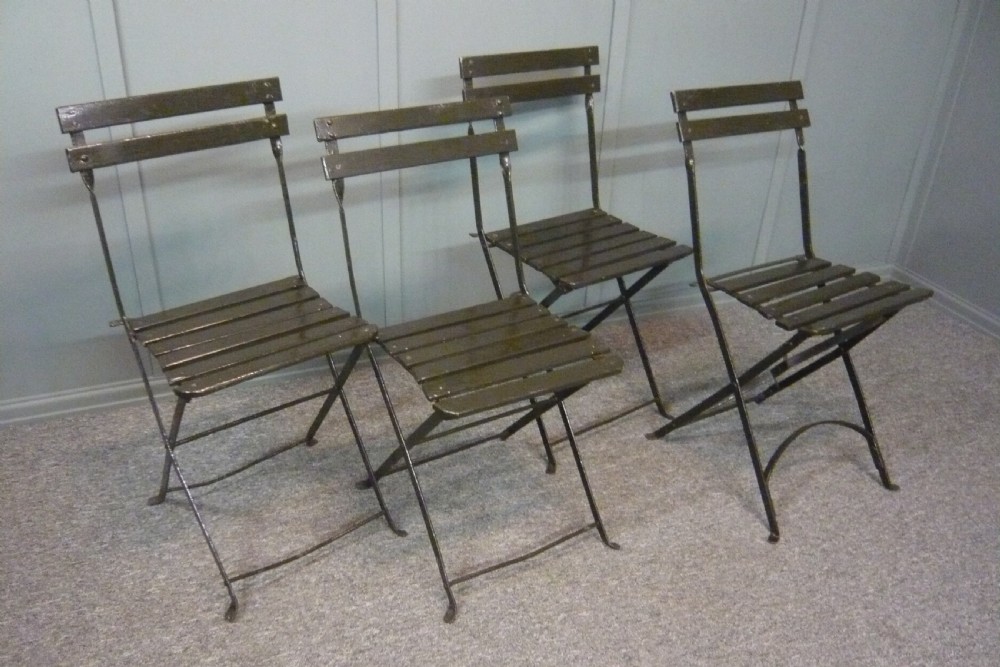 4 x Edwardian Green Folding French Cafe Cricket Pavilion Chairs c 1910