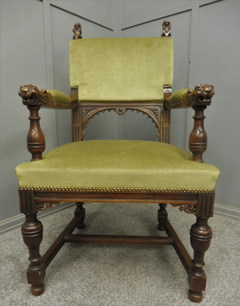 VICTORIAN DESK OR LIBRARY CHAIR WITH LIONS HEAD ARMS View II
