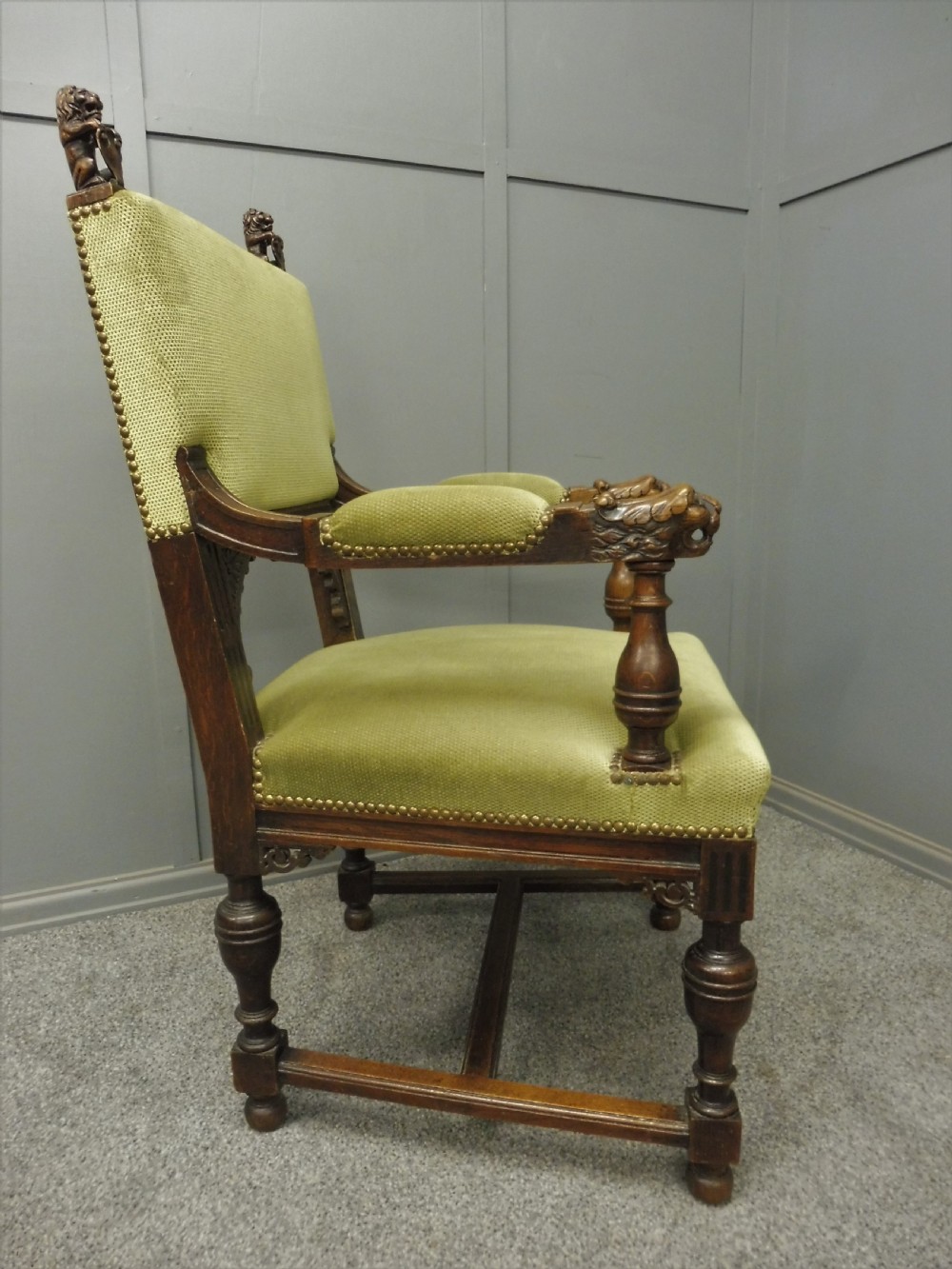 VICTORIAN DESK OR LIBRARY CHAIR WITH LIONS HEAD ARMS View X