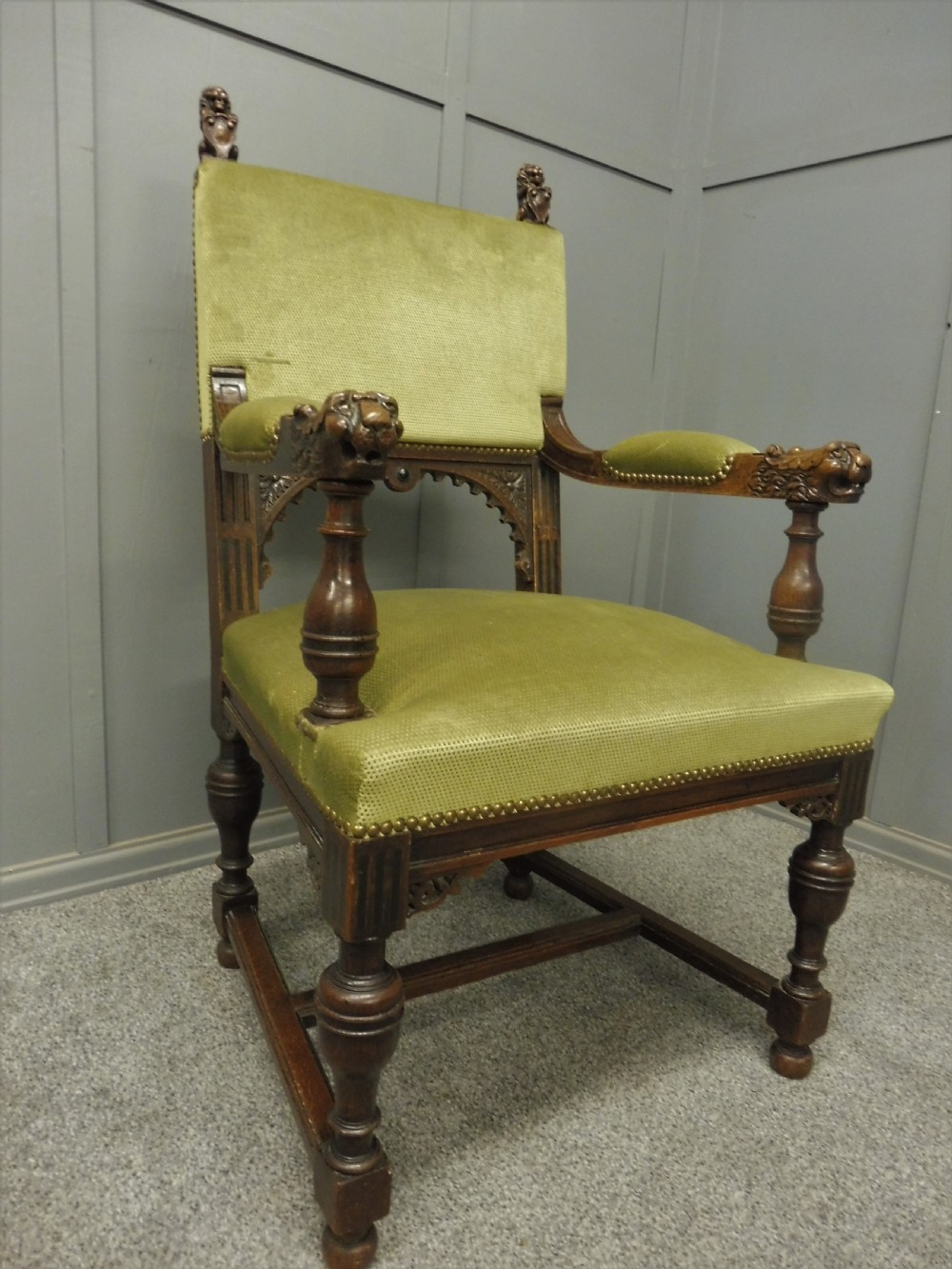 VICTORIAN DESK OR LIBRARY CHAIR WITH LIONS HEAD ARMS View XI