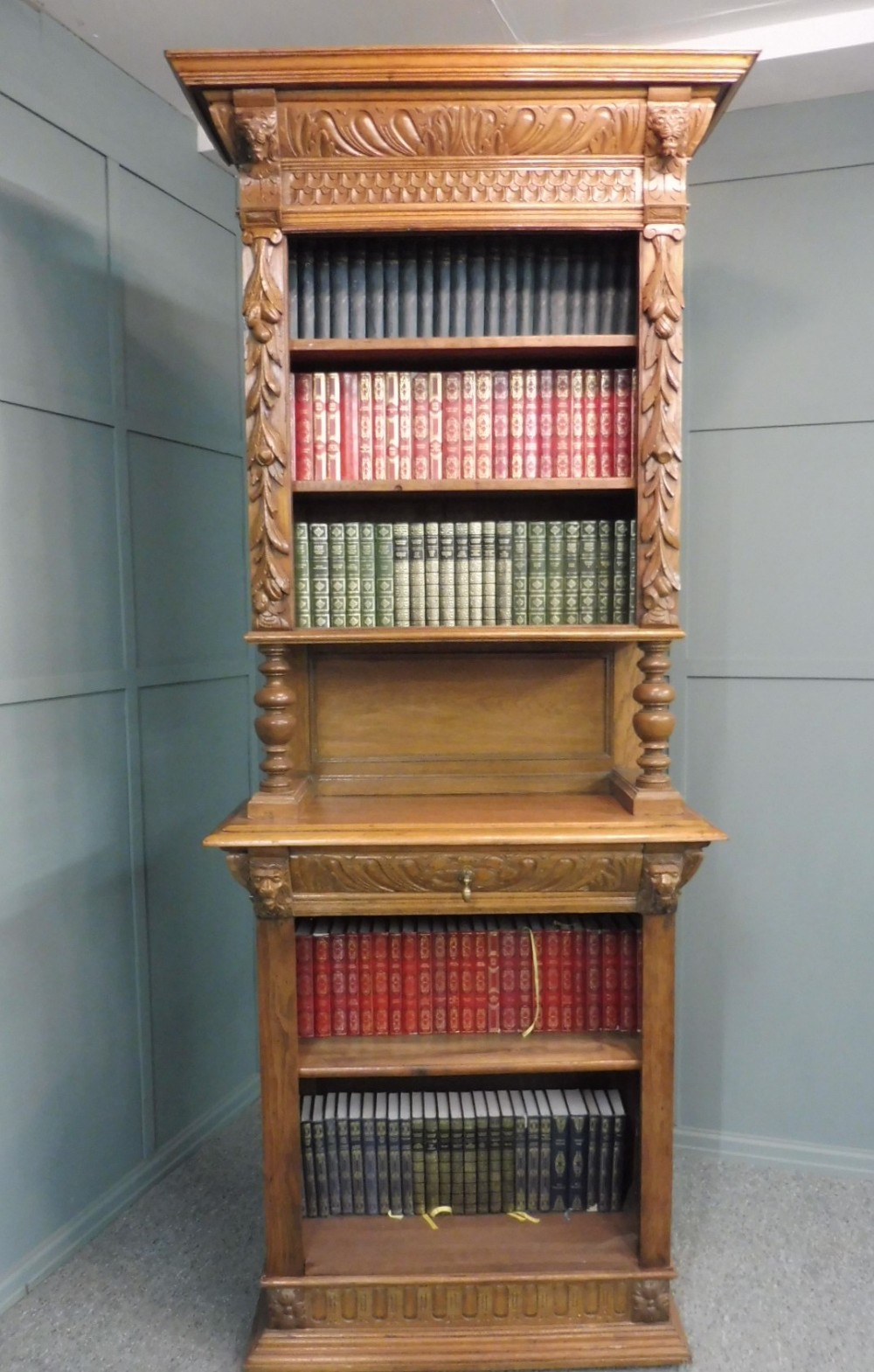 RUSTIC GOLDEN OAK CARVED LIONS HEAD BOOKCASE