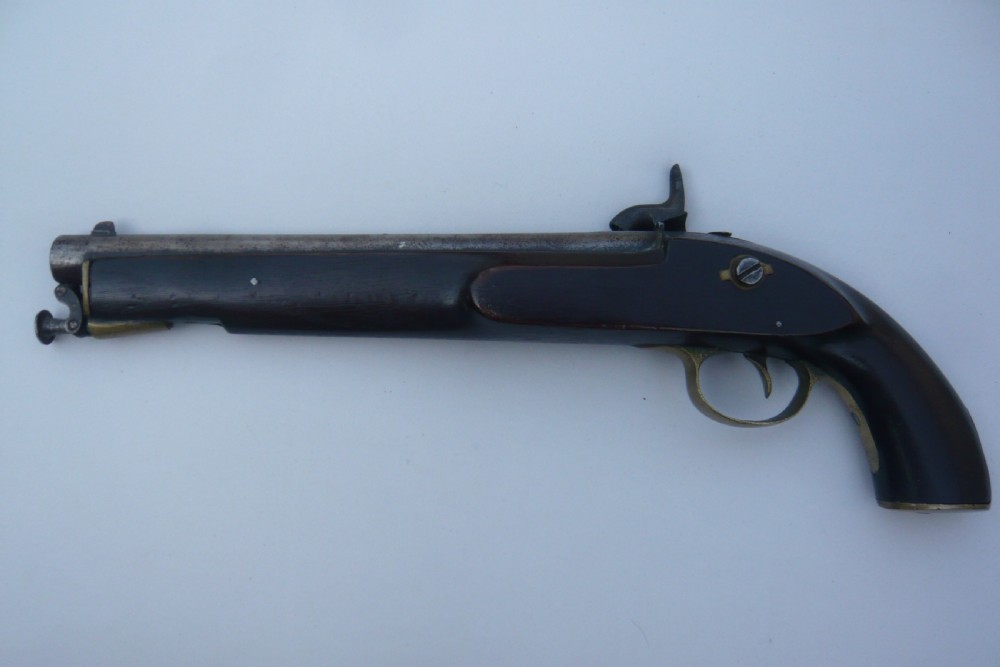 A 19th-century military percussion pistol featuring a dark hardwood stock, steel barrel, lockplate mechanism, brass trigger guard, and captive ramrod. View IV