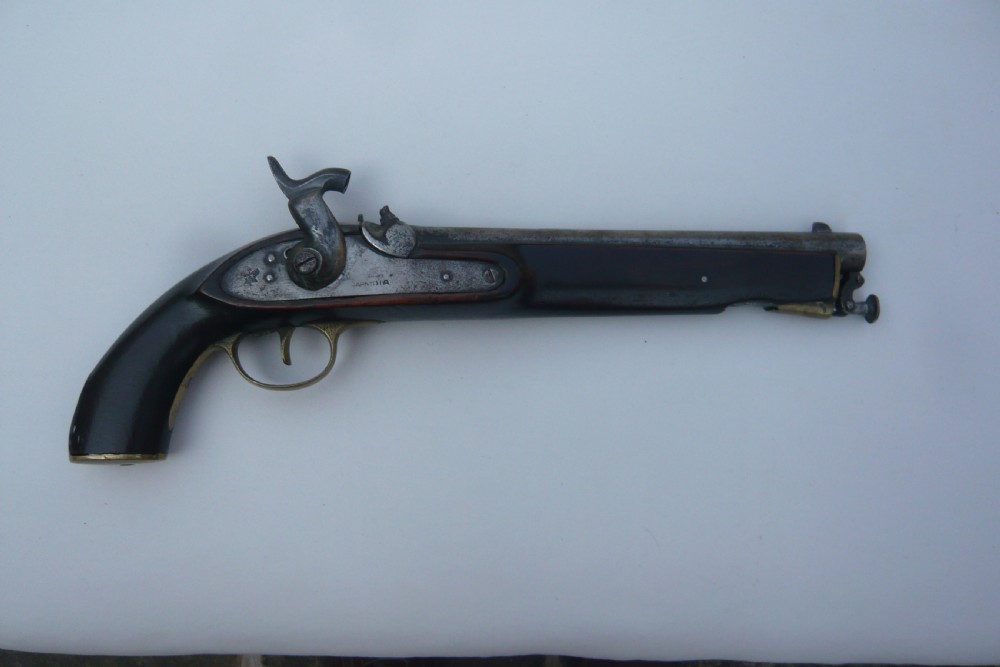 A 19th-century military percussion pistol featuring a dark hardwood stock, steel barrel, lockplate mechanism, brass trigger guard, and captive ramrod. View V