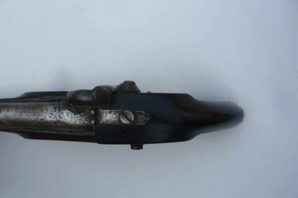 A 19th-century military percussion pistol featuring a dark hardwood stock, steel barrel, lockplate mechanism, brass trigger guard, and captive ramrod. View VII