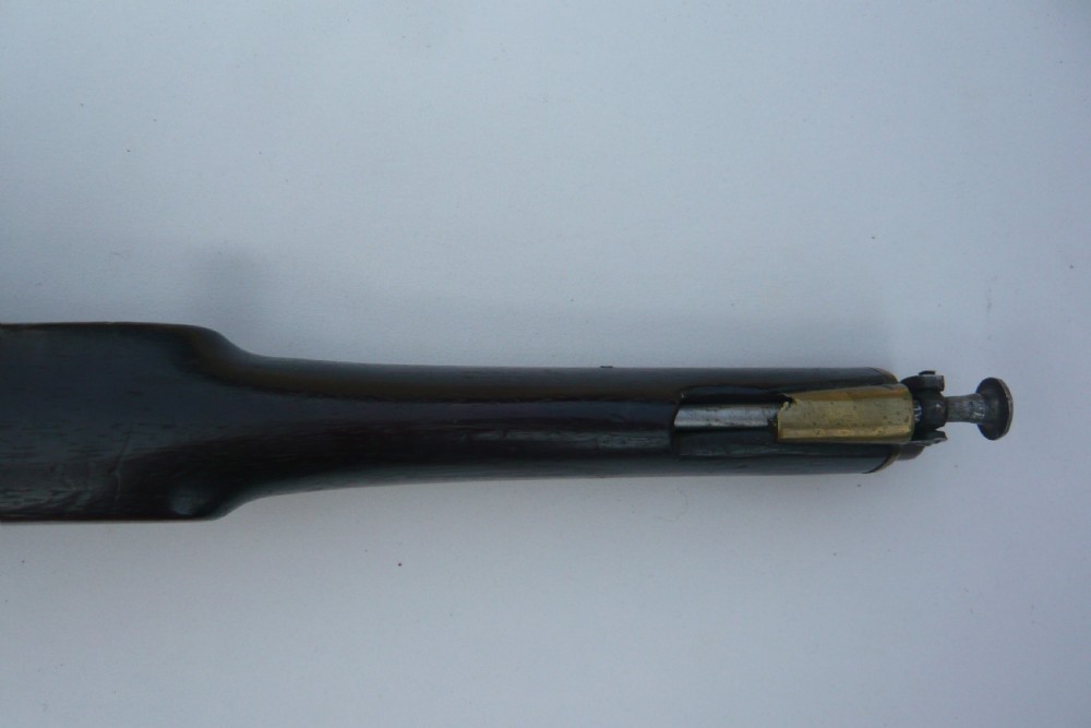 A 19th-century military percussion pistol featuring a dark hardwood stock, steel barrel, lockplate mechanism, brass trigger guard, and captive ramrod. View IX