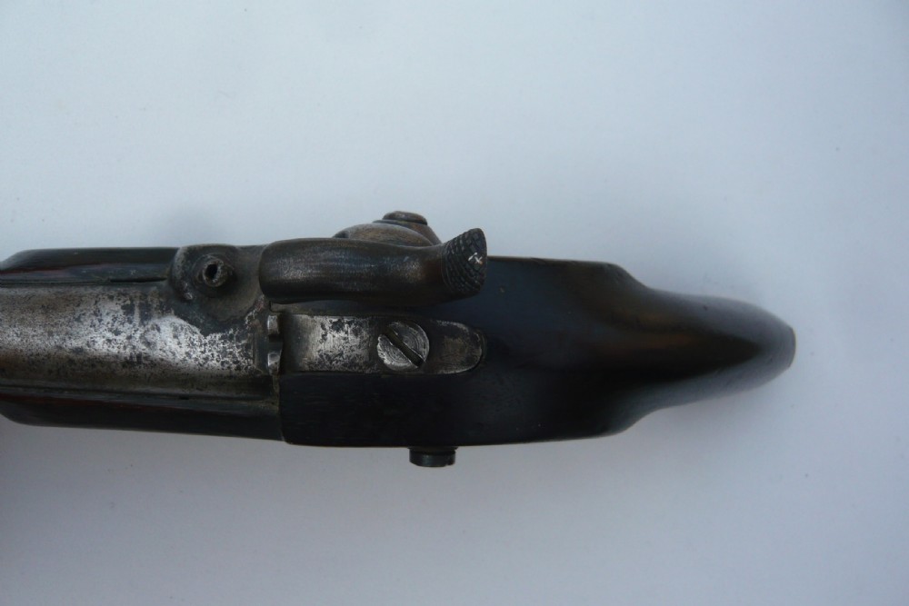 A 19th-century military percussion pistol featuring a dark hardwood stock, steel barrel, lockplate mechanism, brass trigger guard, and captive ramrod. View X
