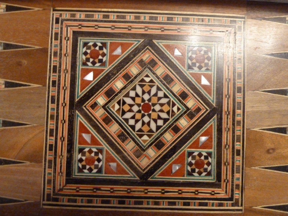 A Syrian Damascus card table featuring geometric wood and bone inlay work supported by curved cabriole legs. View XI